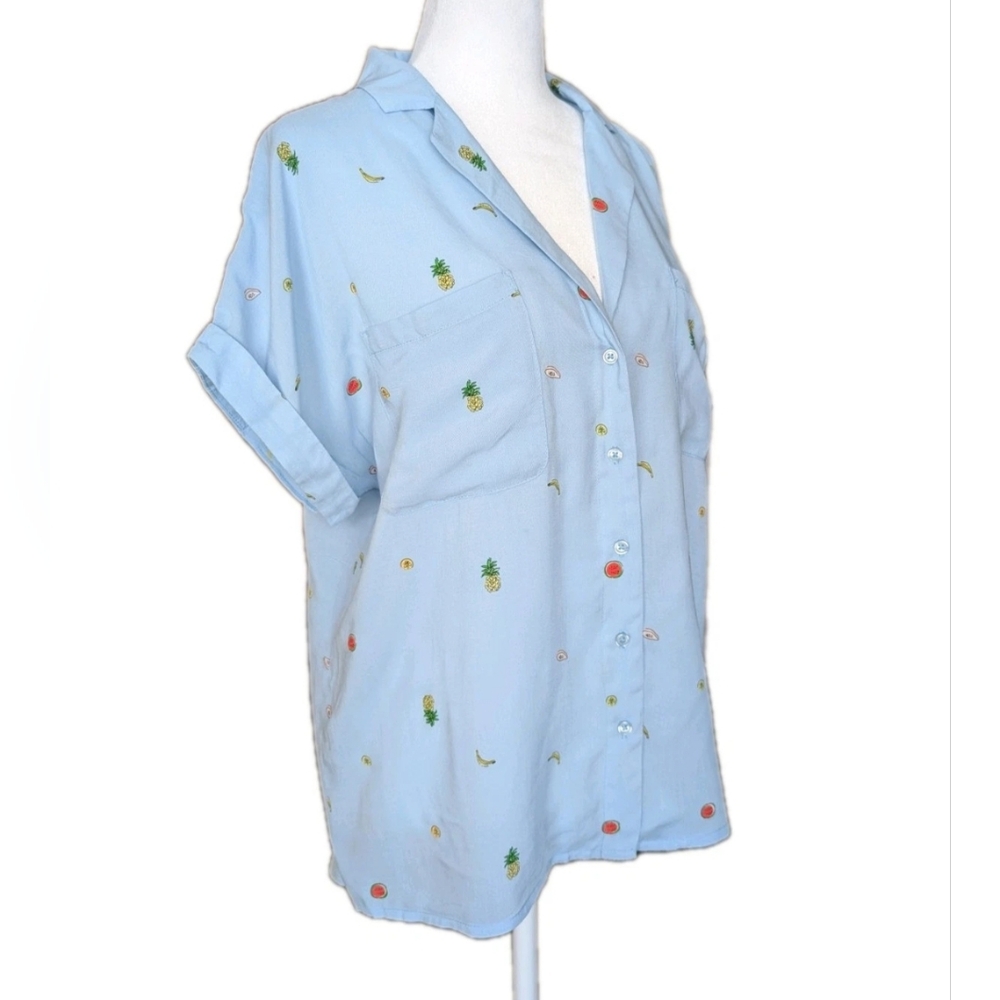 Fruit Print Button Front Shirt Blue 100% Viscose Women's Size M